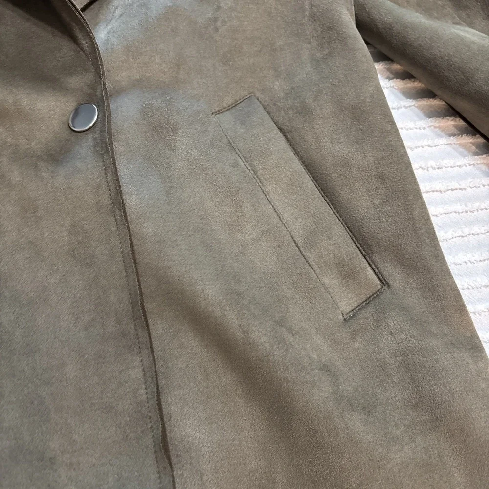 Hyfve Jacket Blazer Women's Sz S Faux Leather Suede olive Green‎ Faux Fur Trim - Picture 5 of 15